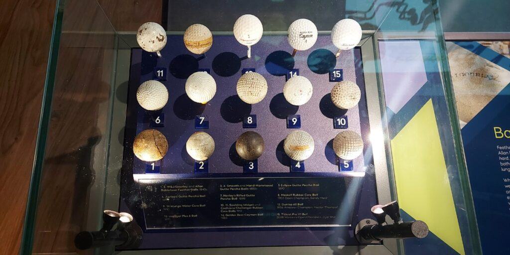 golf balls from different periods at the St. Andrews R&A world golf museum