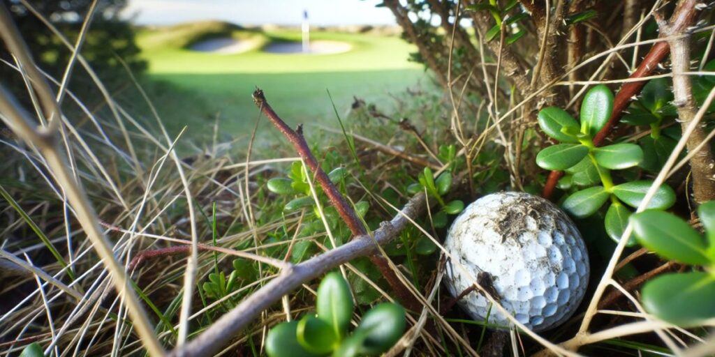 golf ball in a bush on a golf course