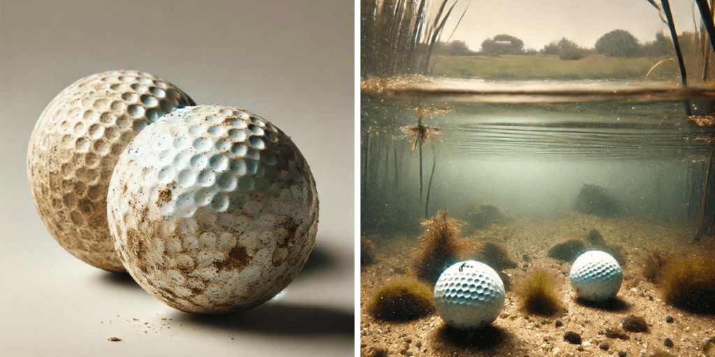 an image of two dirty golf balls and an image of two golf balls at the bottom of a pond on a golf course