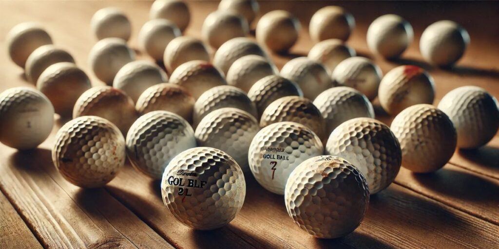 old golf balls on top of a wooden table