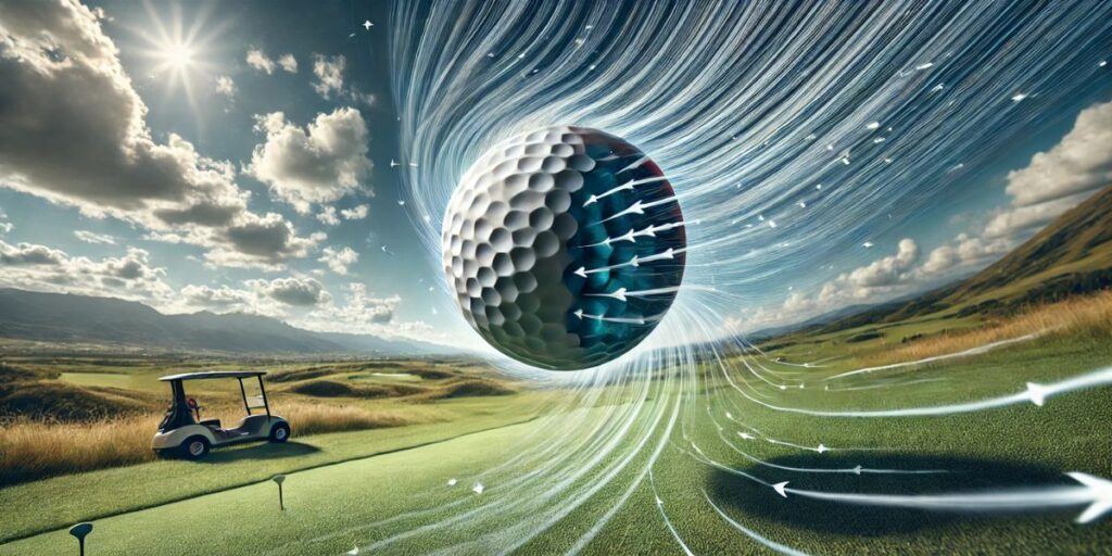 an illustration of golf ball aerodynamics with a golf ball flying over a golf course with arrows simulating the impact of air