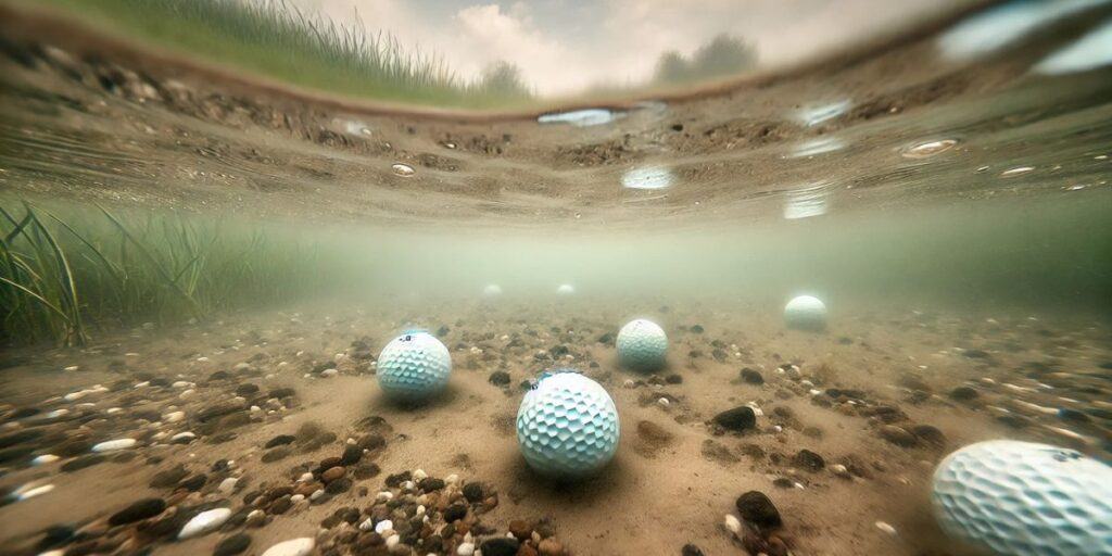 golf balls at the bottom of a water hazard