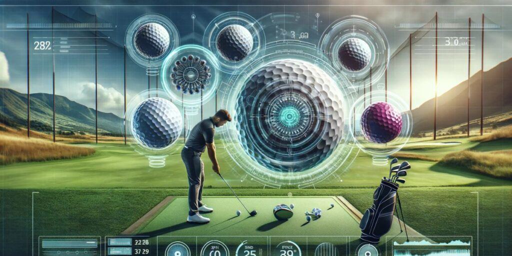 illustration of optimizing golf ball performance, a golfer on a tee box and various images of golf balls with science elements around the photo