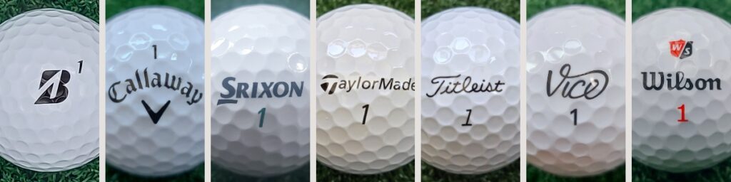 golf balls with logos showing from left to right: Bridgestone, Callaway, Srixon, TaylorMade, Titleist, Vice, Wilson