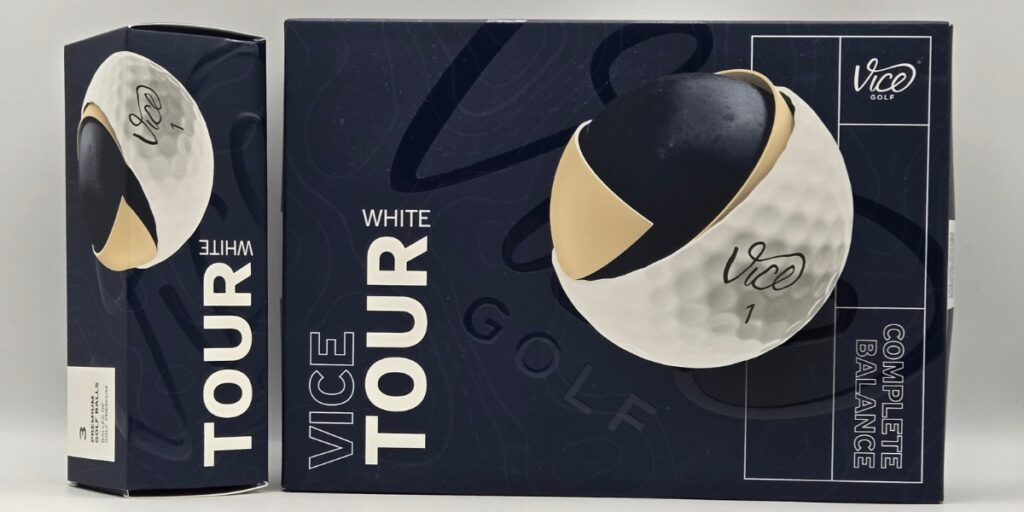 2024 Vice Tour Golf Ball Review - Distance First text over blurred golf balls image